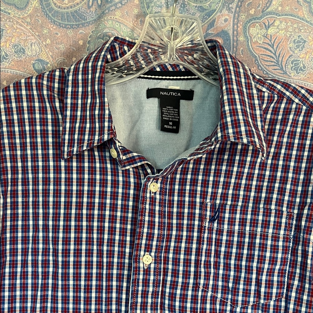 Nautica Boys Red White Blue Plaid Long Sleeve Button Down Shirt Size 16 Regular